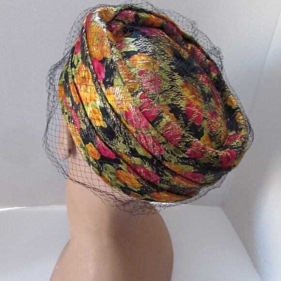 1960 Era Pill Box Hat Colorful Brocade Gold Threading - Picture 7 of 11